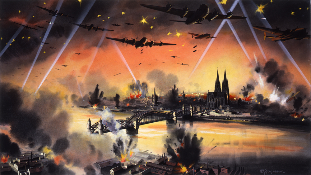 Dobová malba nočního náletu na Kolín nad Rýnem — bombardéry ve světlometech nad hořícím městem